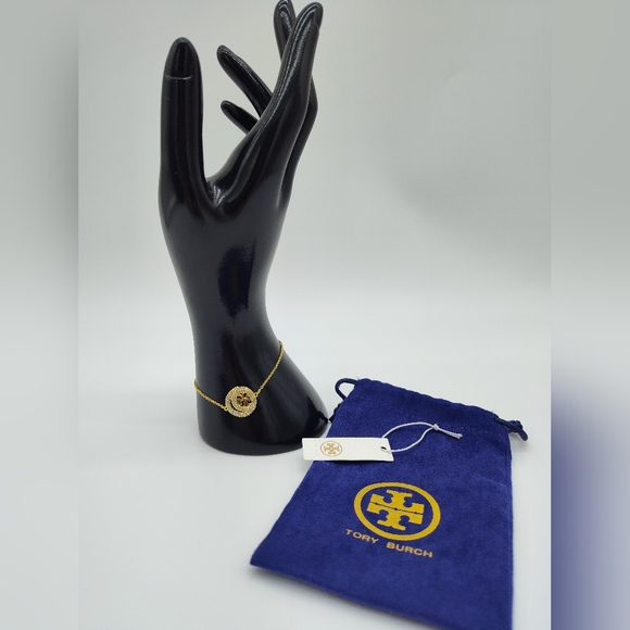 Tory Burch Jewelry - TORY BURCH Gold Pavé Miller Logo Adjustable Bracelet NWT Crystal With Dust Bag